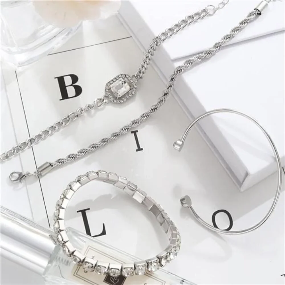 4 Piece Silver Bracelets Set Dainty for Women 14K Plated Link Cubic Zirconia